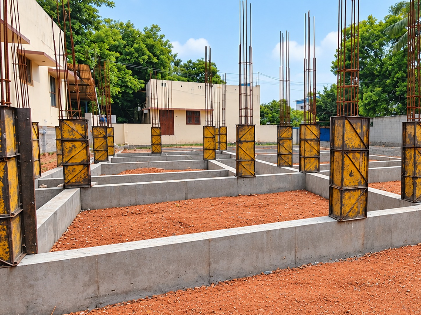 Foundation work and house construction under progress